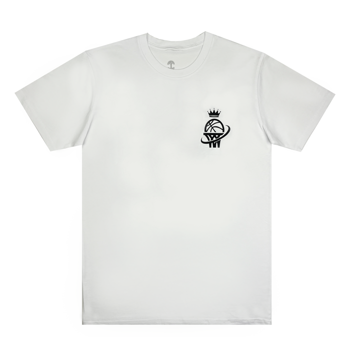 Front view of WPBA white t-shirt with WPBA logo on left chest in black.