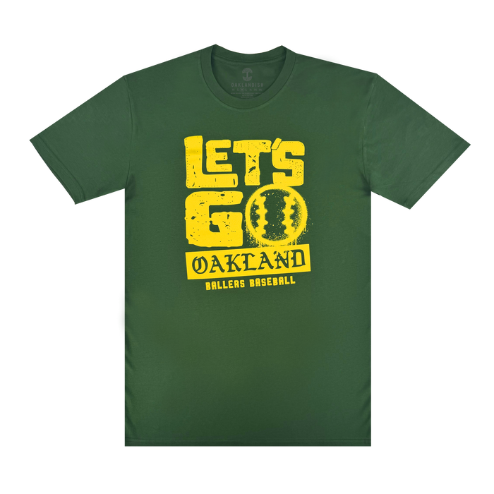 The Let's Go Oakland Tee by Oakland Ballers features bold yellow “LET'S GO” above a baseball and “OAKLAND Ballers Baseball,” honoring Oakland’s new Pioneer League team with a distressed, vintage style for dedicated fans.