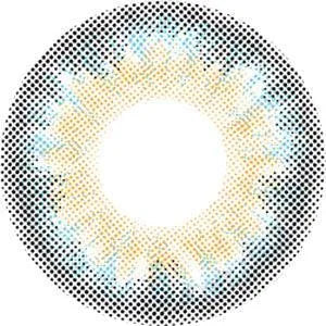 Graphic design of Lilmoon Monthly Water Water Blue-Grey (Prescription) circle contact lens packaging with dot pattern and detailed limbal ring, designed to enlarge the eyes