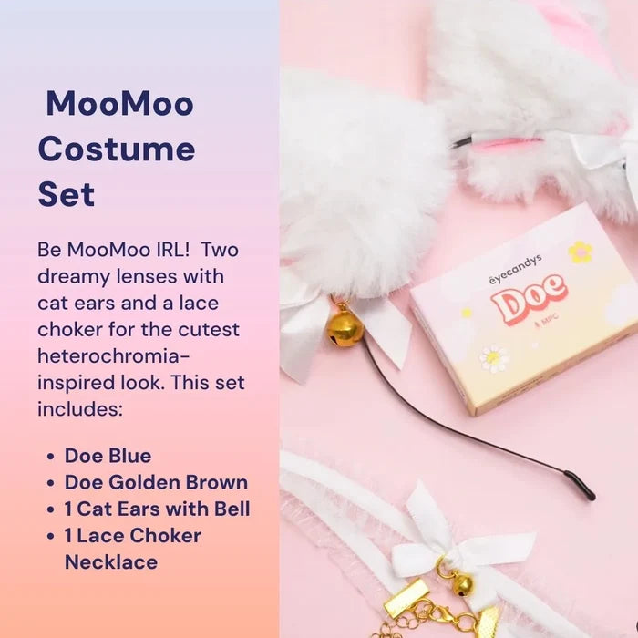 Cute MooMoo Costume Set with EyeCandys Doe Blue & Golden Brown lenses, cat ears, and lace choker, limited edition.