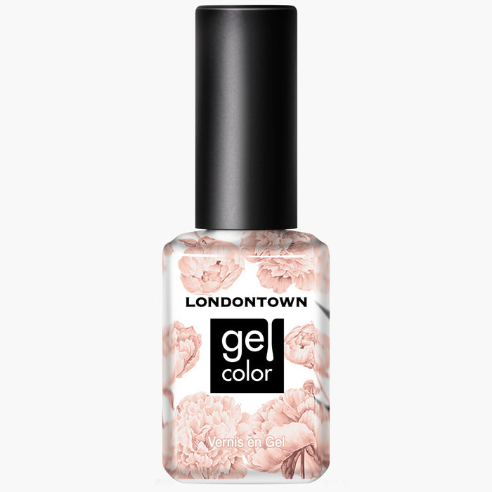 A bottle of LONDONTOWN Gel Color nail polish named "Linen," featuring a breezy floral design on the label, is filled with a light pink shade.