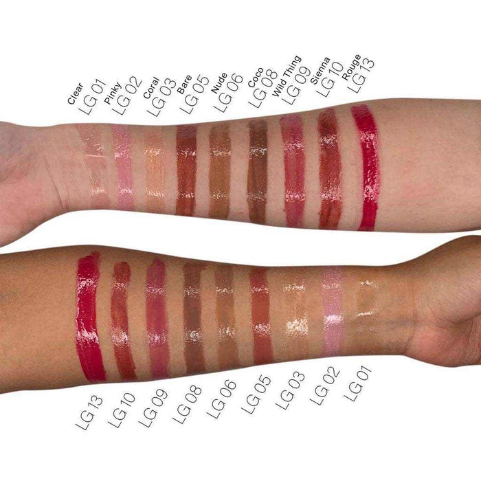 Lip gloss swatches in clear and assorted shades, showing sheer shimmer, glossy colour and a range of tones on arms