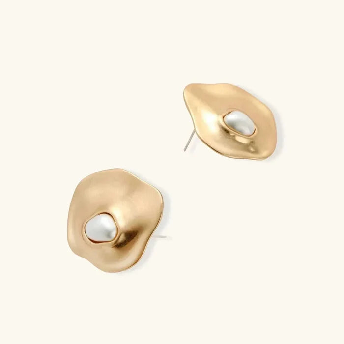Liquid Art Sculptural Necklace matching gold-tone sculptural stud earrings with irregular ivory oval insets and smooth contours