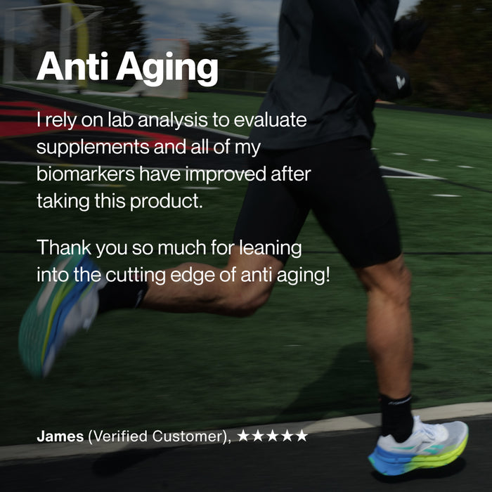 Runner sprinting on a track or turf field. Text reads: “Anti Aging.” “I rely on lab analysis to evaluate supplements and all of my biomarkers have improved after taking this product. Thank you so much for leaning into the cutting edge of anti aging!” Attribution reads: “James (Verified Customer), ★★★★★.”