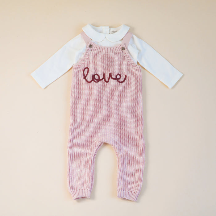 LOVE Embroidered Chunky Sweater Knit Baby Overall & Bodysuit Set (Organic Cotton)