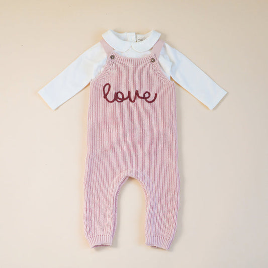LOVE Embroidered Chunky Sweater Knit Baby Overall & Bodysuit Set (Organic Cotton)