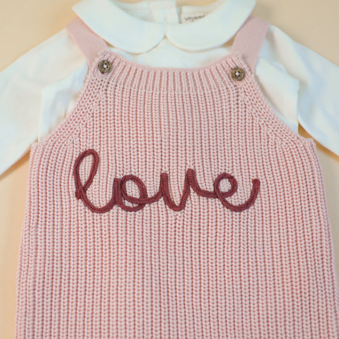 LOVE Embroidered Chunky Sweater Knit Baby Overall & Bodysuit Set (Organic Cotton)