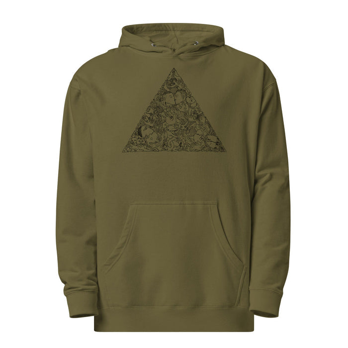 BRIAN KENNY LOVE TRIANGLE GRAPHIC ON ARMY GREEN HOODED SWEATSHIRT