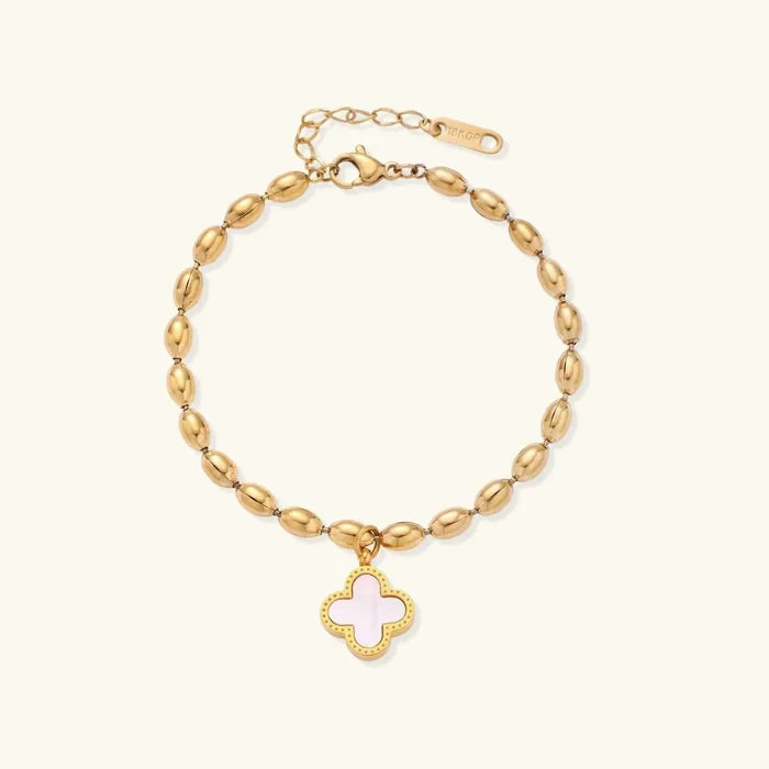 Lucky Clover 18K Gold-Plated bracelet with oval gold-tone beads and a white four-leaf clover charm with dotted border