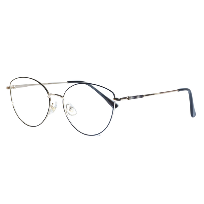 The EyeCandys Madame Cat Eye features stylish, lightweight metal frames with clear lenses, black temple tips, and adjustable nose pads, shown on a white background.