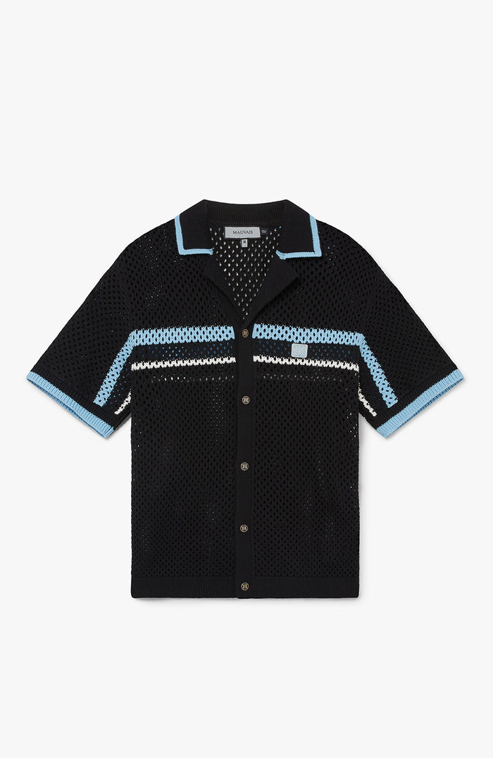 Malibu Cotton Short Sleeve Crochet Shirt in Black