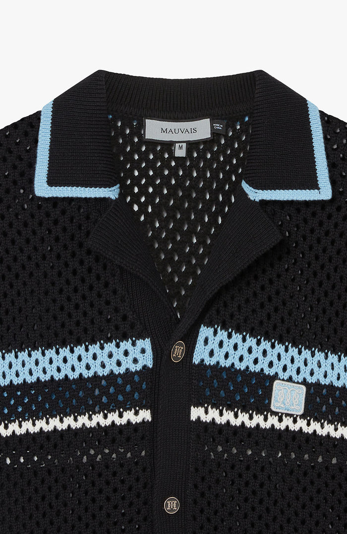 Malibu Cotton Short Sleeve Crochet Shirt in Black