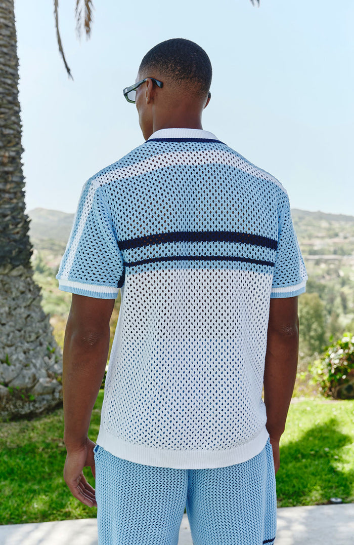 Malibu Cotton Short Sleeve Crochet Shirt in Blue and White