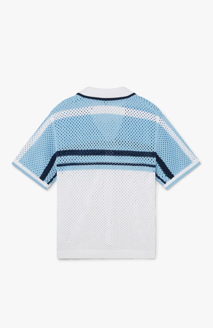 Malibu Cotton Short Sleeve Crochet Shirt in Blue and White