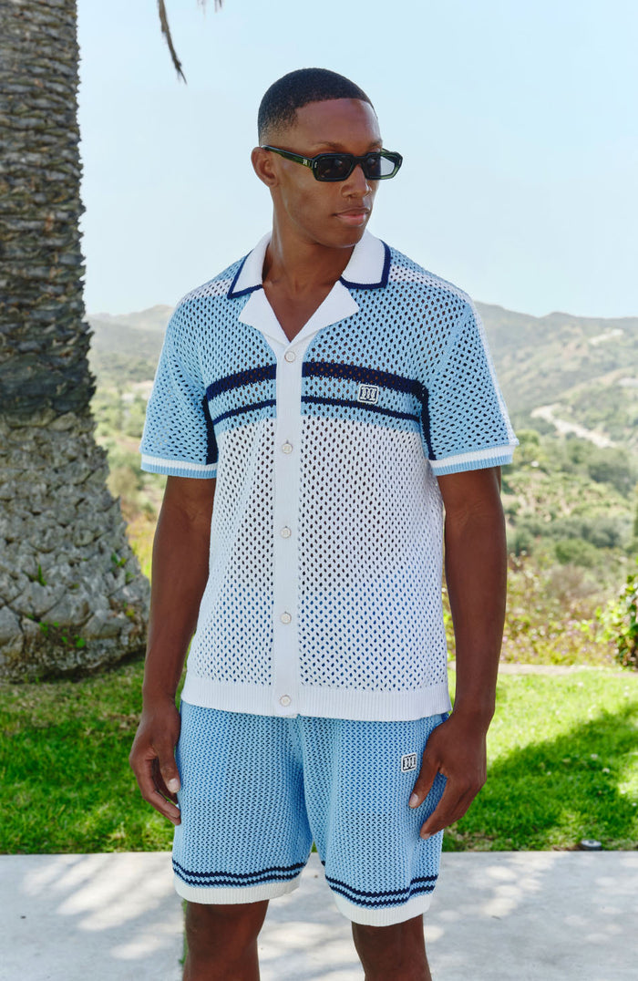 Malibu Cotton Short Sleeve Crochet Shirt in Blue and White