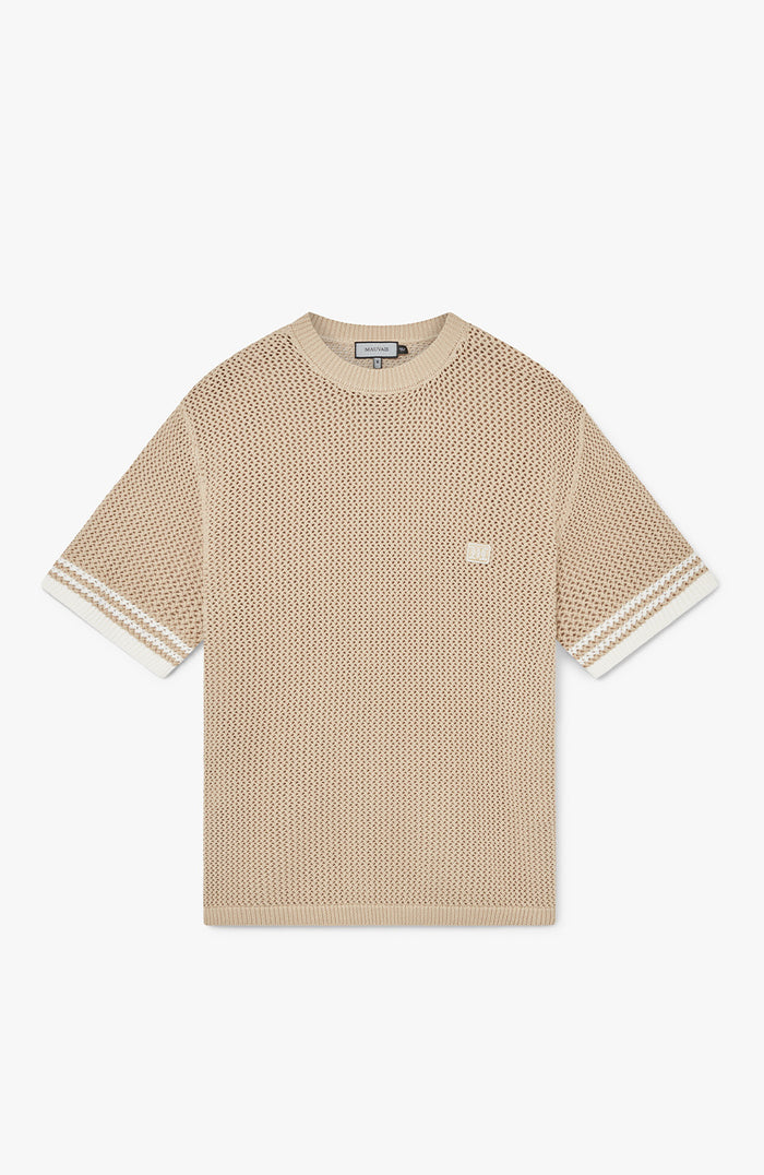Malibu Cotton Short Sleeve Crochet T-shirt in Beige