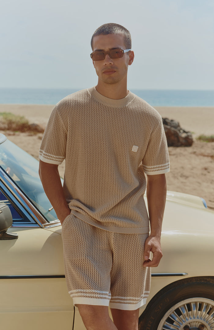 Malibu Cotton Short Sleeve Crochet T-shirt in Beige