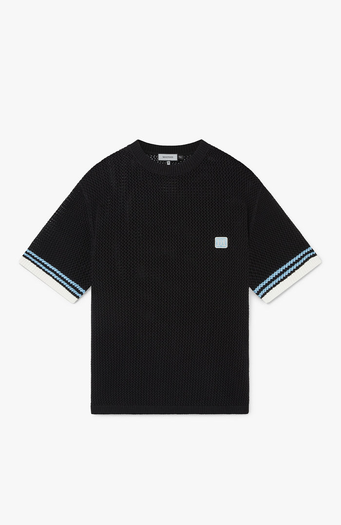 Malibu Cotton Short Sleeve Crochet T-shirt in Black