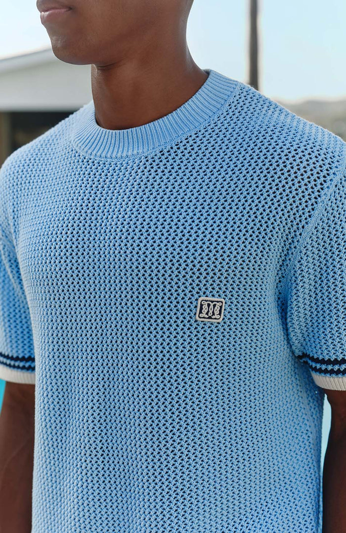 Malibu Cotton Short Sleeve Crochet T-shirt in Blue