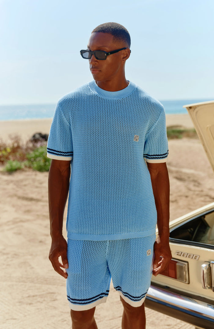 Malibu Cotton Short Sleeve Crochet T-shirt in Blue