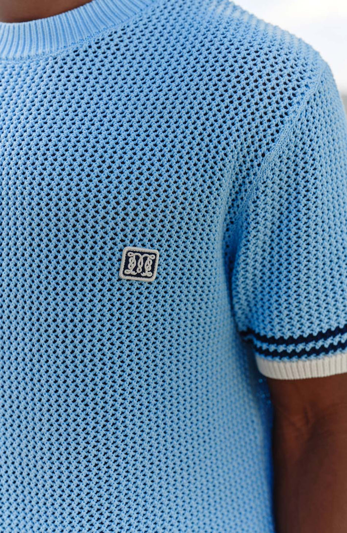 Malibu Cotton Short Sleeve Crochet T-shirt in Blue