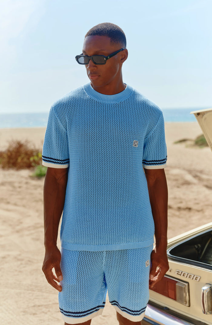 Malibu Cotton Short Sleeve Crochet T-shirt in Blue