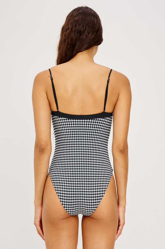 Marbella One Piece Swimsuit With Straight Neckline, Adjustable Shoulder Straps, and Classic Rear Coverage in Black White Gingham Colorway - Upper Body Back View Featured on Model