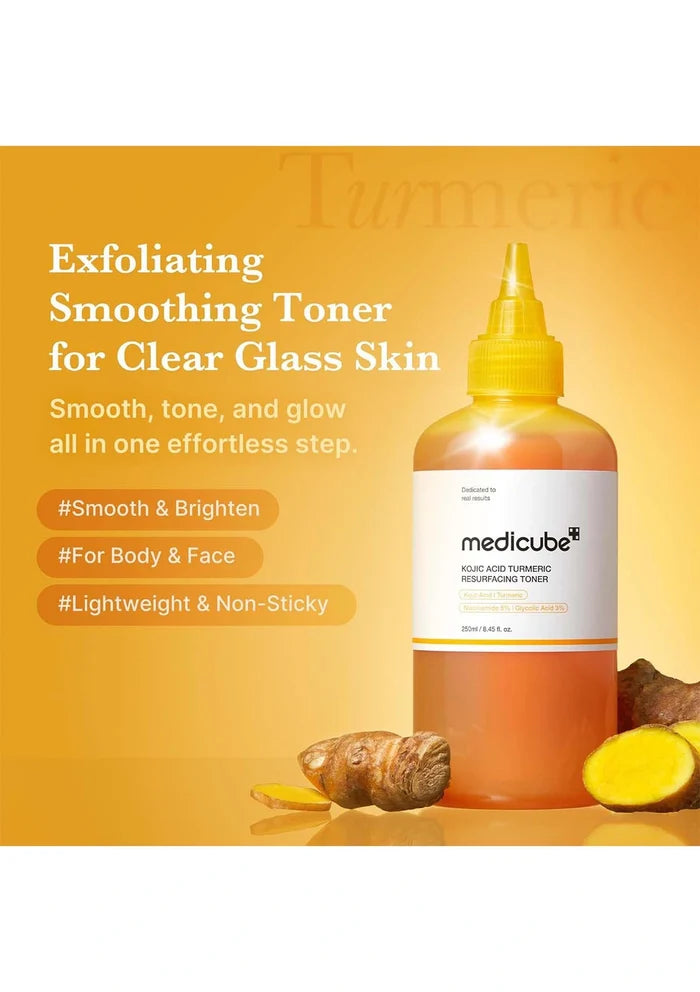 Medicube exfoliating smoothing toner bottle with turmeric root on a yellow background