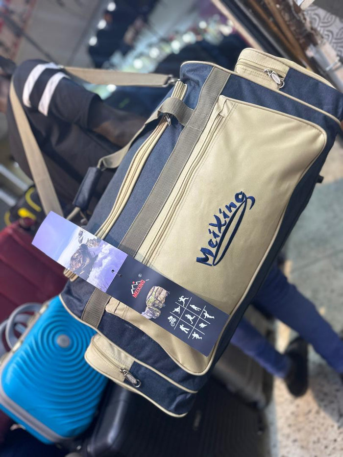MeiXing Travel Duffel Bag | Multi-Pocket | Adjustable Strap | Lightweight - Khaki & Navy