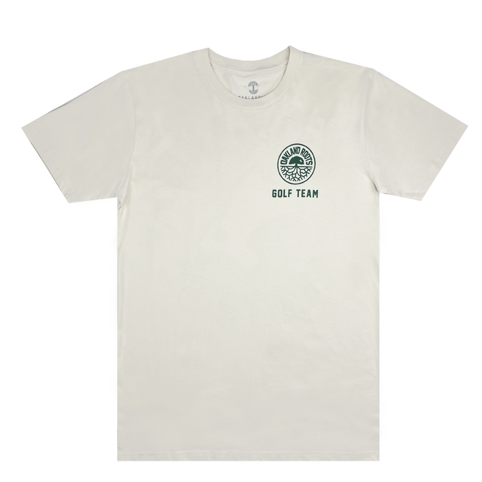 Introducing the Members Only Tee by Oakland Roots SC: a light beige short-sleeve t-shirt with a round neck. The left chest area features a small Oakland Roots SC logo in dark green, showcasing a round emblem with text that reads, "GOLF TEAM" underneath. The design is simple and clean, perfect for any occasion.