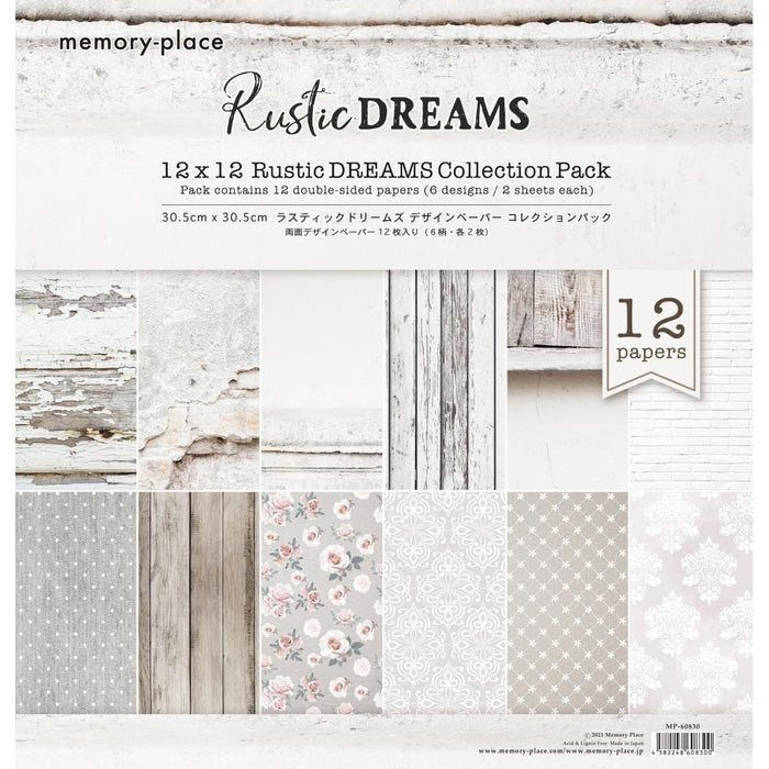 Memory Place - Collection Pack 12"X12" - Rustic Dreams. This pack contains 12 double-sided papers, 6 designs, 2 sheets each. Made in Japan. Available at Embellish Away located in Bowmanville Ontario Canada.
