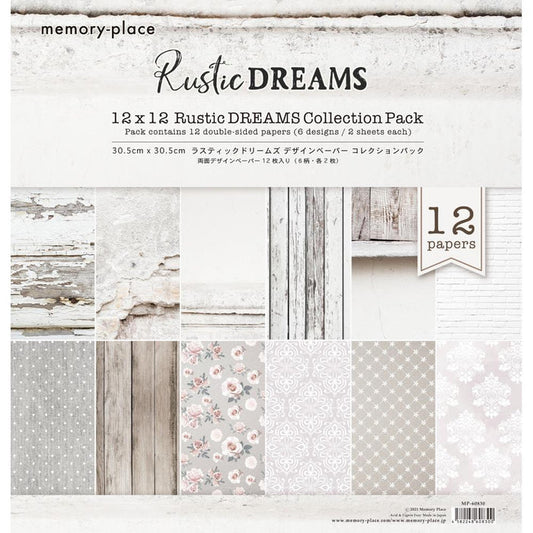 Memory Place - Collection Pack 12"X12" - Rustic Dreams. This pack contains 12 double-sided papers, 6 designs, 2 sheets each. Made in Japan. Available at Embellish Away located in Bowmanville Ontario Canada.