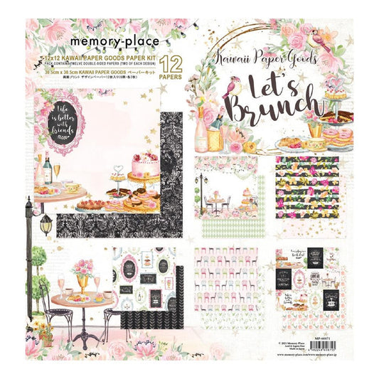 Memory Place - Kawaii Paper Goods Collection Pack 12"X12" - Let's Brunch. This pack contains 12 double-sided papers, 6 designs, 2 sheets each. Made in Japan. Available at Embellish Away located in Bowmanville Ontario Canada.