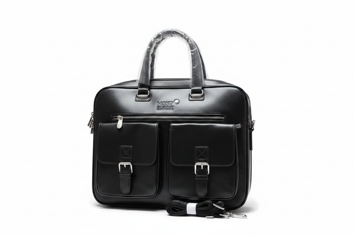 Men's Black Leather Briefcase Laptop Bag white background