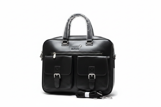 Men's Black Leather Briefcase Laptop Bag white background