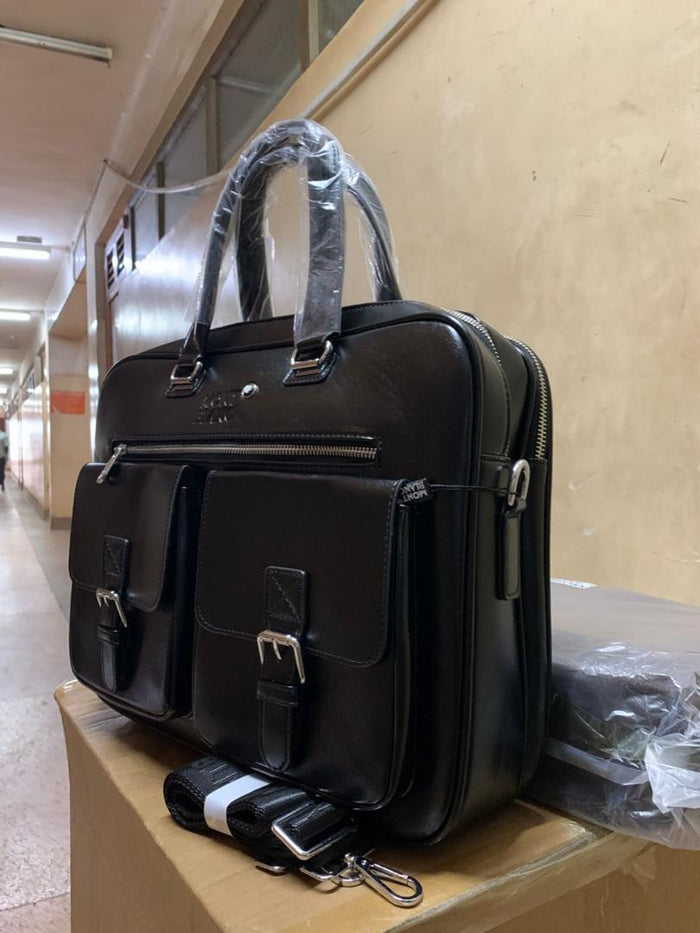 Men's Black Leather Briefcase front view