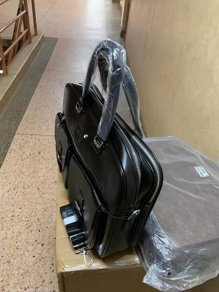 Men's Black Leather Briefcase side view