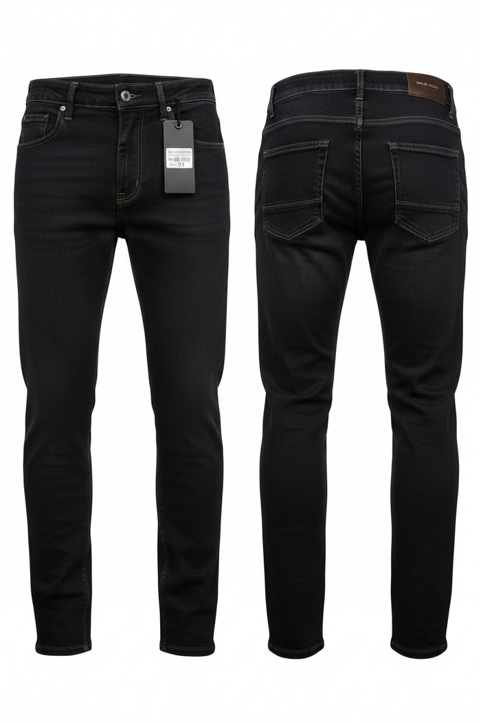 Men's black denim jeans full body white background