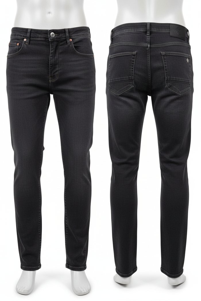 Men's charcoal grey denim jeans full body white background
