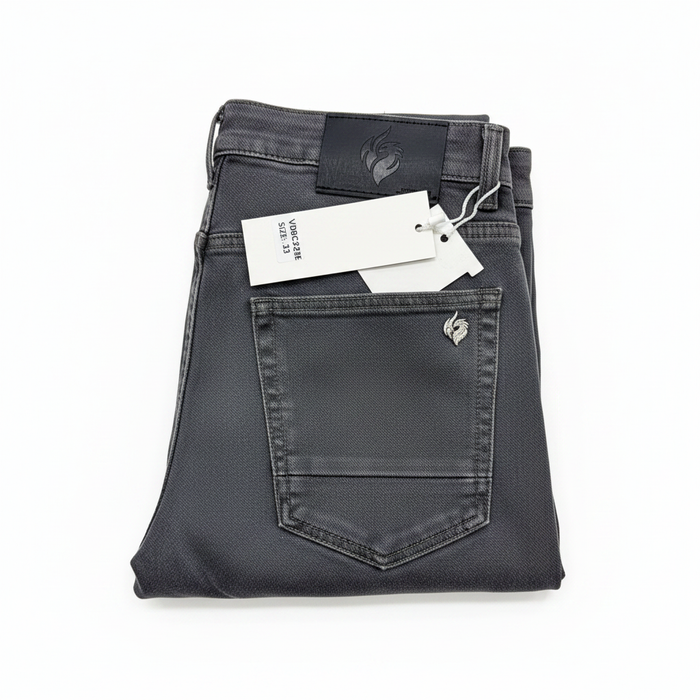 Men's charcoal grey denim jeans folded white background