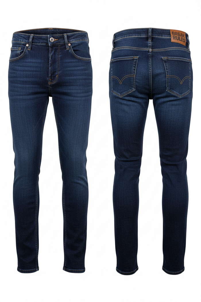Men's navy blue denim jeans full body white background