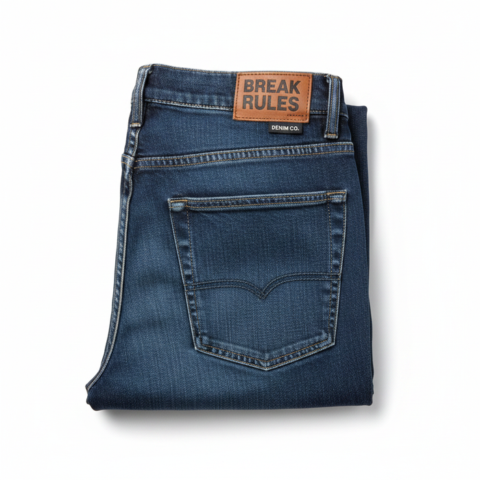 Men's navy blue denim jeans folded white background