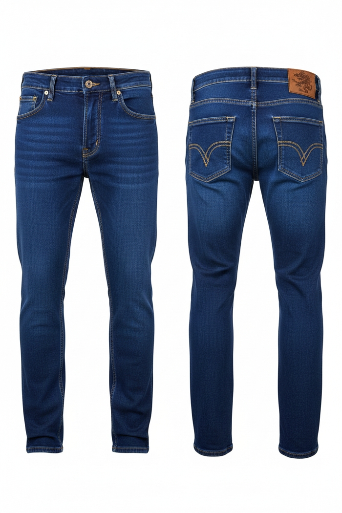 Men's royal blue denim jeans white background