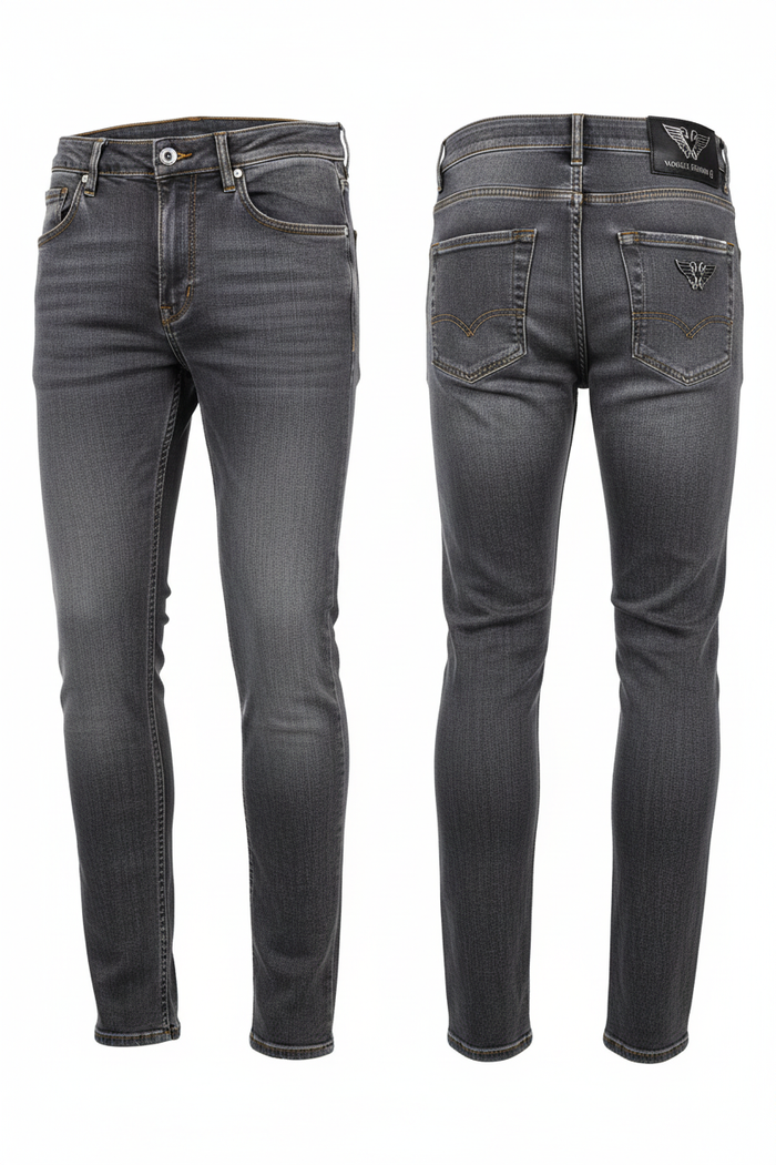 Men's washed grey denim jeans full body white background