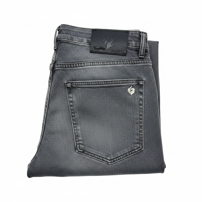 Men's washed grey denim jeans folded white background