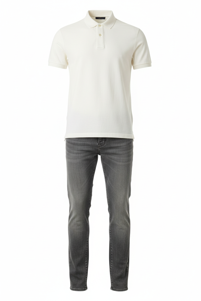Cream shirt and washed grey jeans outfit combo
