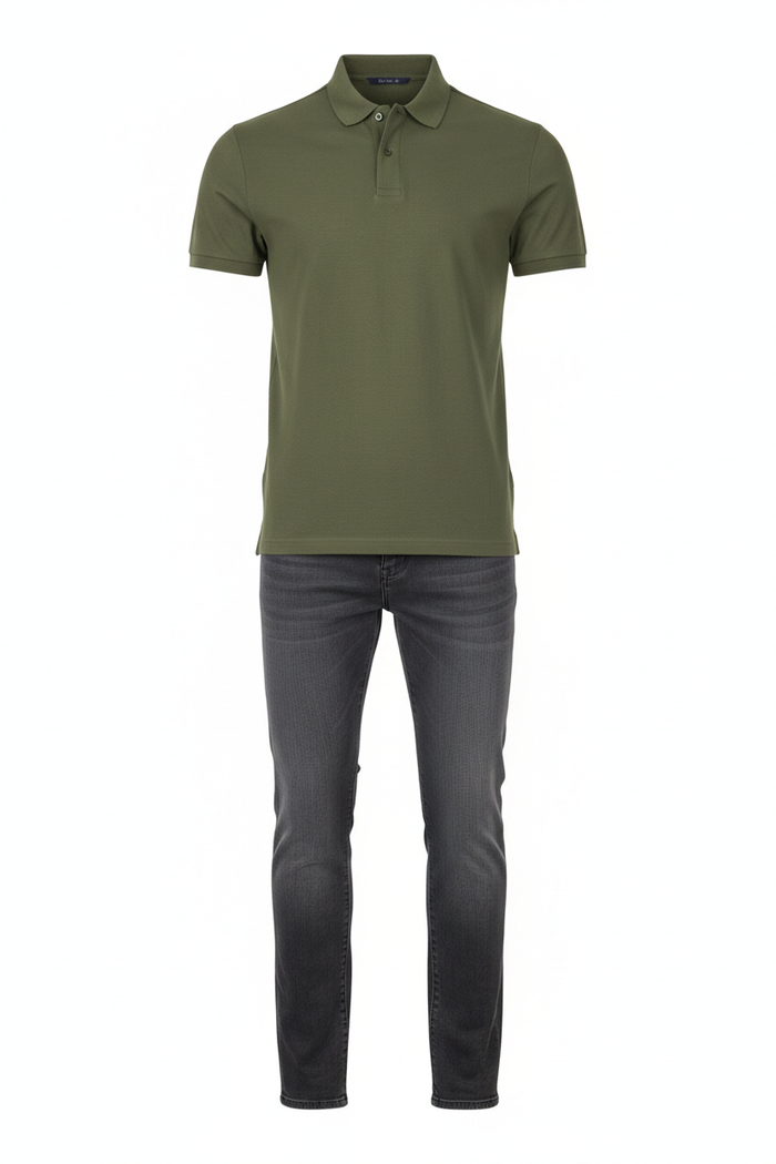 Olive shirt and charcoal grey jeans outfit combo
