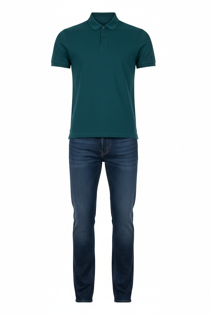 Teal shirt and navy blue jeans outfit combo