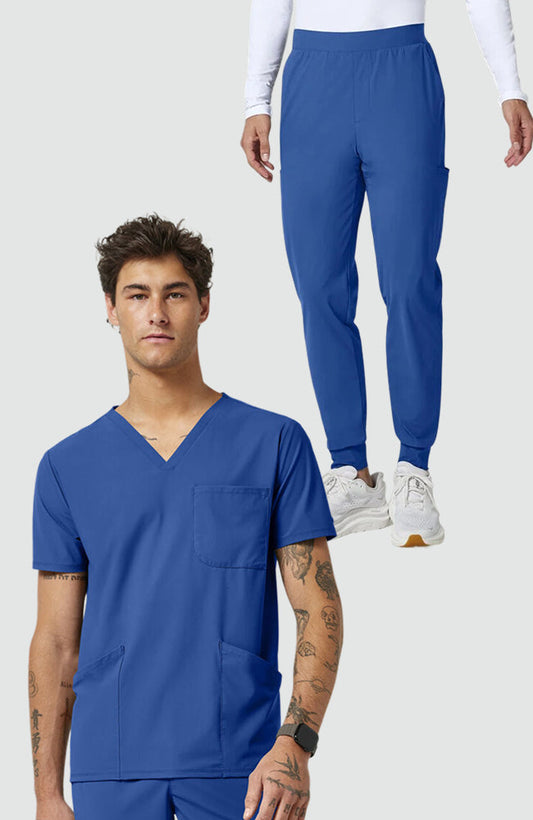 Men's Scrub Set: 3-Pocket V-Neck Scrub Top & 5-Pocket Interior Drawstring Jogger Scrub Pant