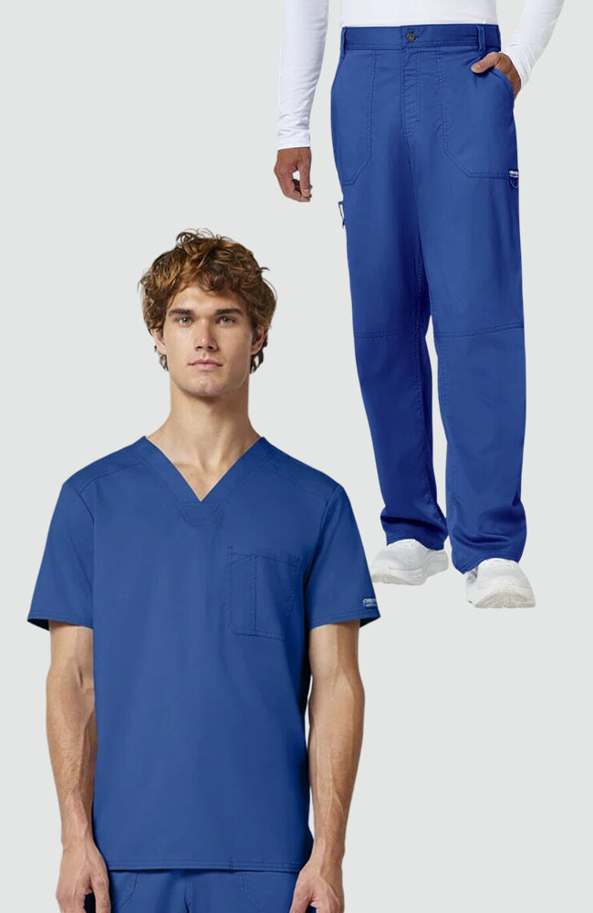 Men's Scrub Set: Chest Pocket V-Neck Scrub Top & Zip Fly Cargo Scrub Pant
